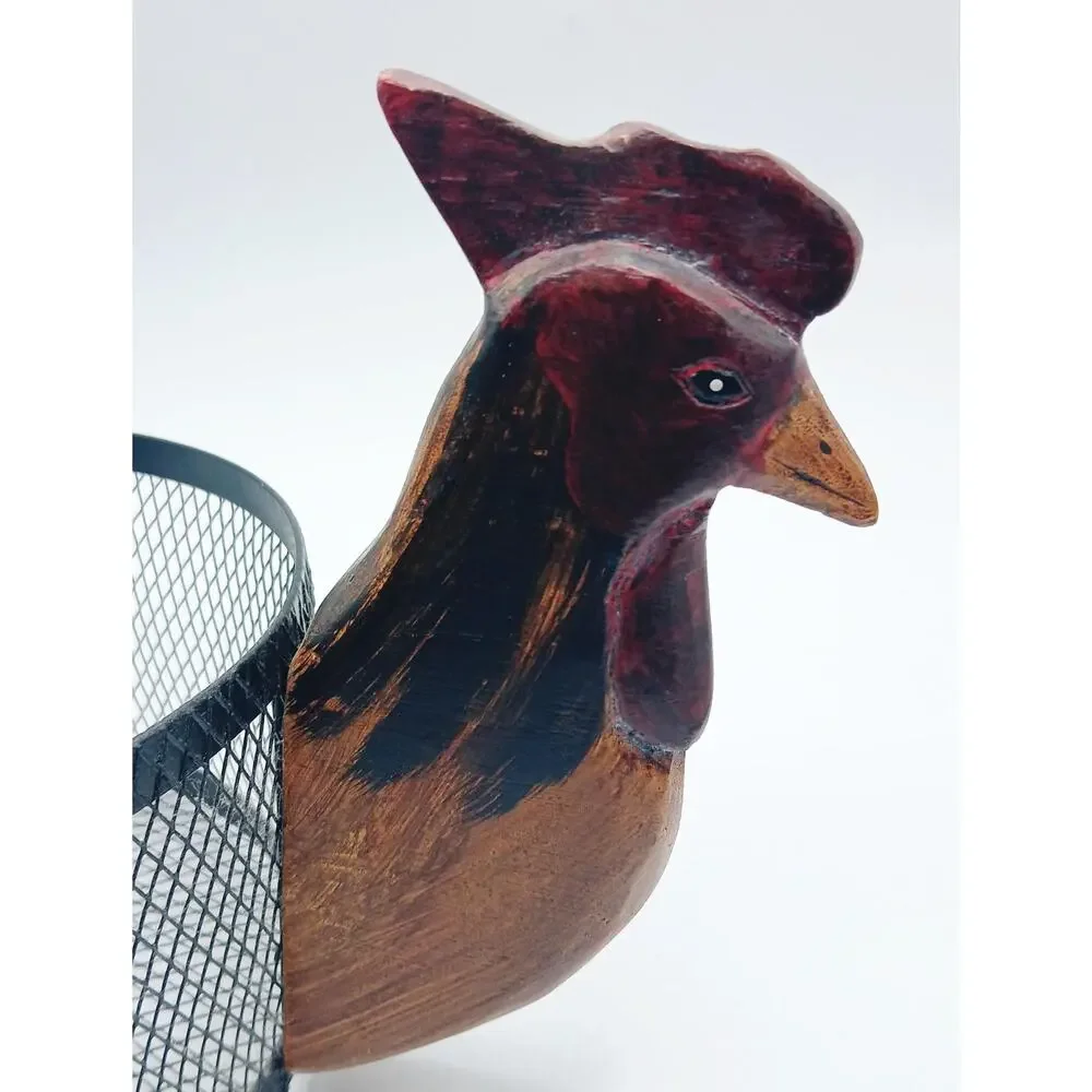 Vintage Carved Wood Rooster & Wire Basket